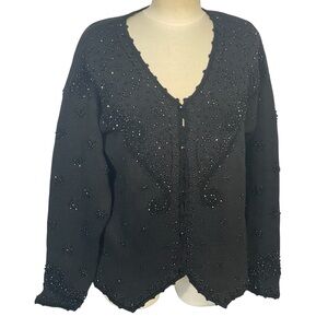 Maggie Lawrence Vintage Black Beaded Ramie Cotton Cardigan Sweater Sz 14